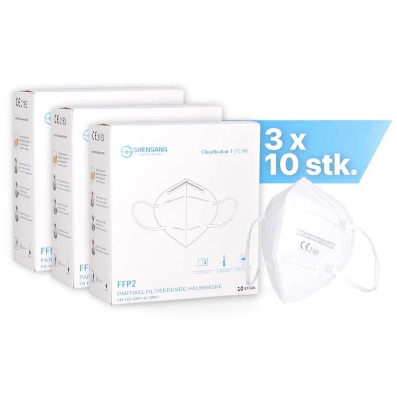 Mascarilla Shengang 30x FFP2 Certificacin CE Cumple con las normas farmacuticas Proteccin para boca y nariz 5 capas ISO9001:2015 / EN149 2001 A1:2009