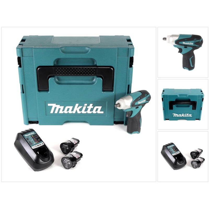 Atornillador de impacto a batera Makita TW 100 DWEJ 10,8 V 3/8" en Makpac + 2 bateras BL1013 1,3 Ah + cargador DC 10 WA
