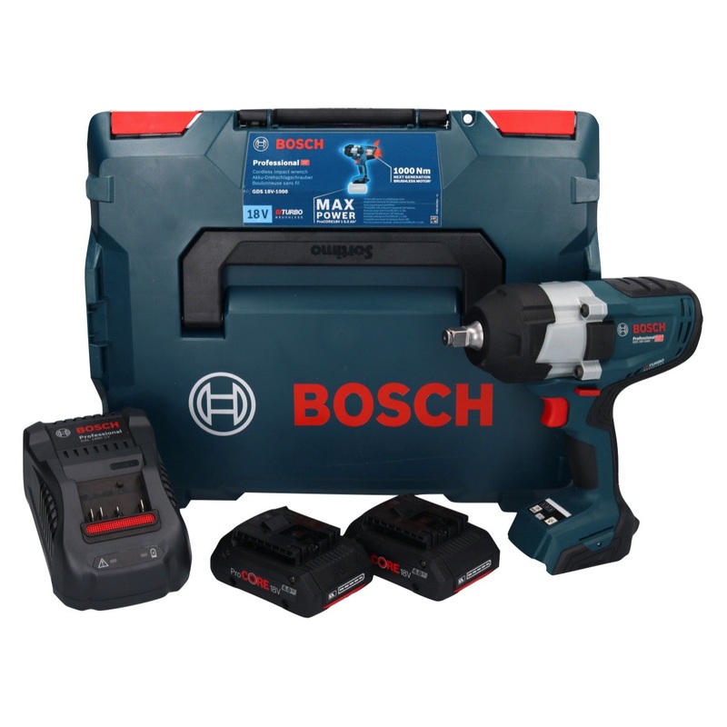 Atornillador de impacto a batera Bosch GDS 18V-1000 Professional 18 V 1000 Nm BITURBO Brushless + 2x batera ProCORE 4.0 Ah + cargador + L-Boxx