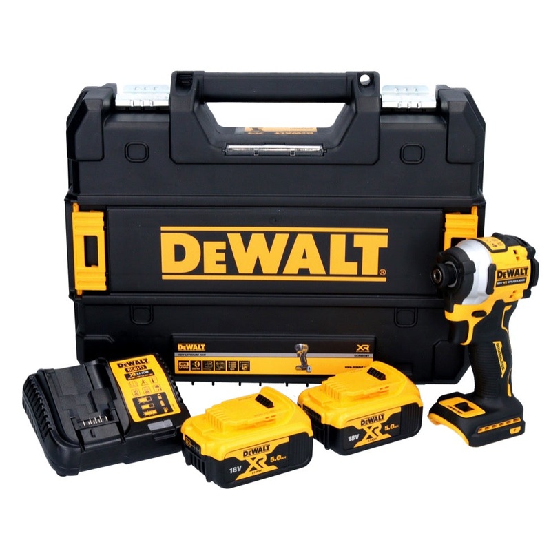Atornillador de impacto a batera DeWalt DCF 850 P2 18 V 205 Nm 1/4" brushless + 2x batera 5.0 Ah + cargador + TSTAK