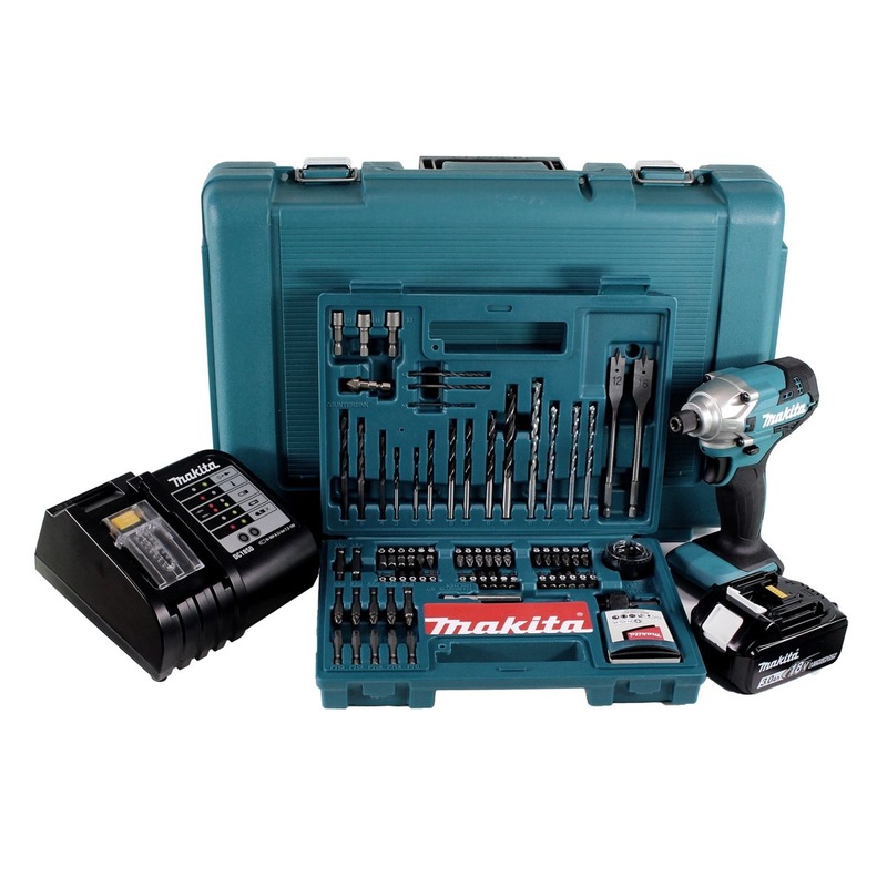 Atornillador de impacto a batera Makita DTD 156 SFK 18V 155Nm 1/4" + 1x batera 3.0Ah + cargador + juego de brocas de 100 piezas + maletn