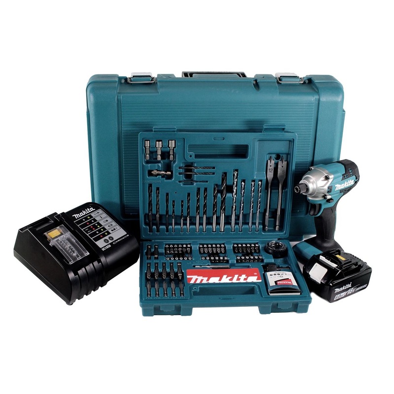 Atornillador de impacto a batera Makita DTD 156 SGK 18V 155Nm 1/4" + 1x batera 6.0Ah + cargador + juego de brocas de 100 piezas + maletn