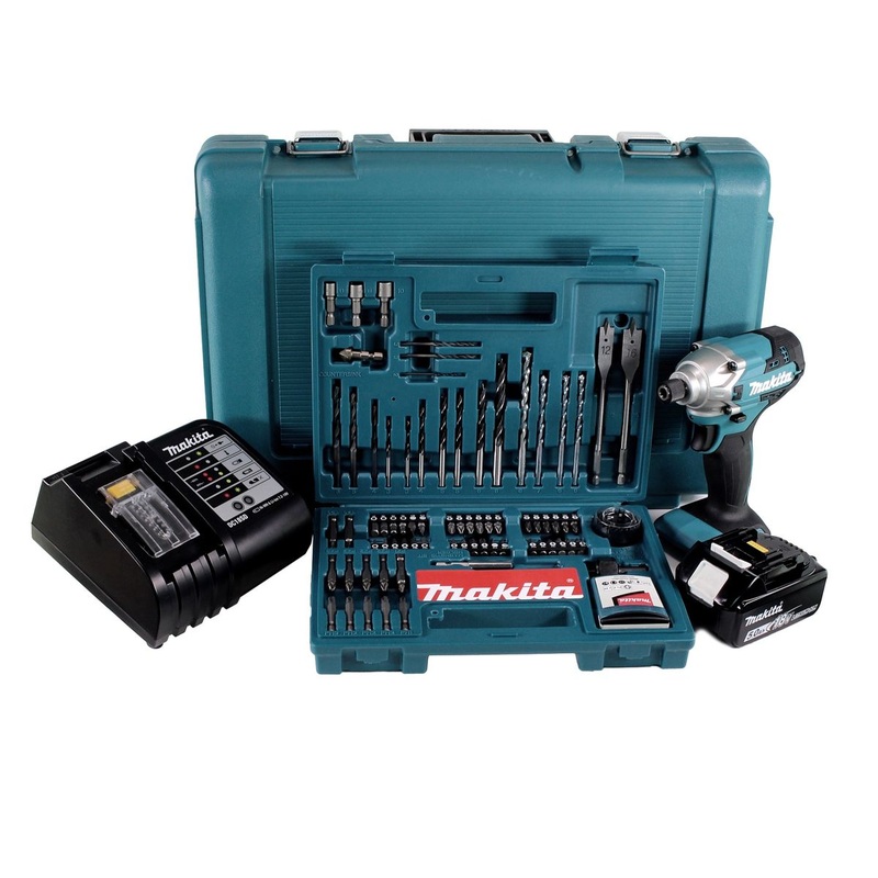 Atornillador de impacto a batera Makita DTD 156 STK 18V 155Nm 1/4" + 1x batera 5.0Ah + cargador + juego de brocas de 100 piezas + maletn