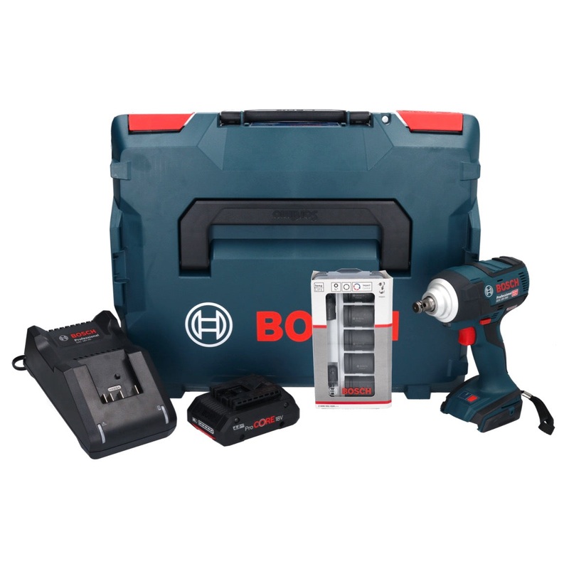 Atornillador de impacto inalmbrico Bosch GDS 18V-300 18 V 300 Nm 1/2" brushless + 1x batera ProCORE 4.0 Ah + cargador + juego de llaves de vaso de 7 piezas + L-Boxx