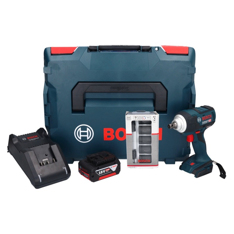 Atornillador de impacto inalmbrico Bosch GDS 18V-300 18 V 300 Nm 1/2" sin escobillas + 1x batera 5.0 Ah + cargador + juego de llaves de vaso de 7 piezas + L-Boxx