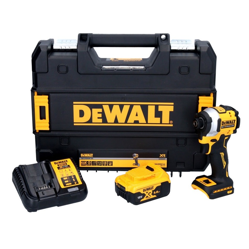 Atornillador de impacto inalmbrico DeWalt DCF 850 P1 18 V 205 Nm 1/4" brushless + 1x batera 5.0 Ah + cargador + TSTAK