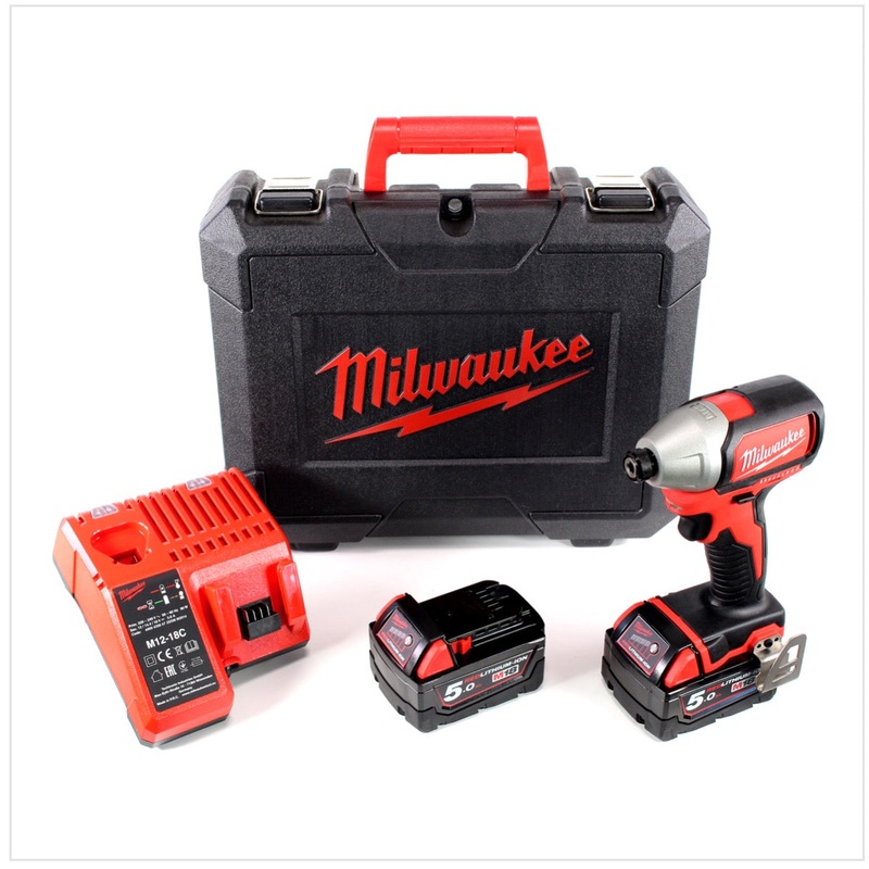 Batera brushless Milwaukee M18 BLID 502 C 18 V - llave de impacto + 2x batera Li-ion roja 5.0 Ah + Cargador de batera universal Milwaukee M12-18C + estuche