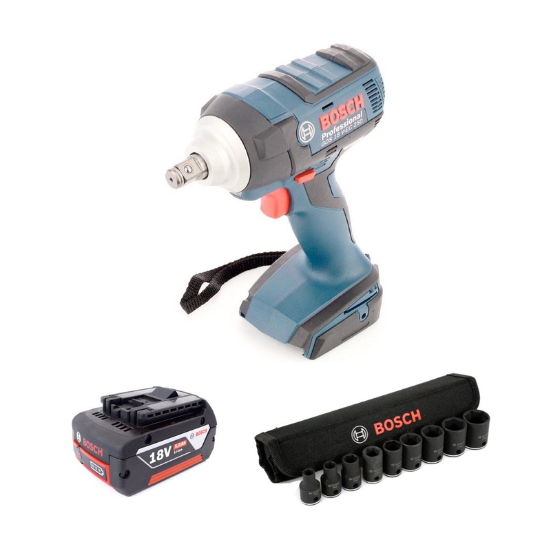 Bosch GDS 18 V-EC 250 Professional atornillador de impacto a batera sin escobillas + 1 batera GBA 18 V 5 Ah + insertos para llaves de vaso de 1/2" y tuercas hexagonales exteriores, juego de 9 piezas (2608551100)