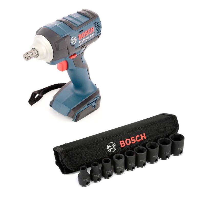 Bosch GDS 18 V-EC 250 Professional atornillador de impacto a batera sin escobillas con inserto L-Boxx Ready + insertos para llaves de vaso de 1/2" y tuercas hexagonales exteriores, juego de 9 piezas.