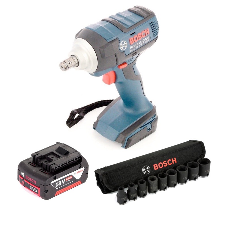 Bosch GDS 18 V-EC 250 Professional atornillador de impacto a batera sin escobillas con inserto y batera GBA 6 Ah L-Boxx ready + insertos para llaves de vaso de 1/2" y tuercas hexagonales exteriores, juego de 9 piezas (2608551100)