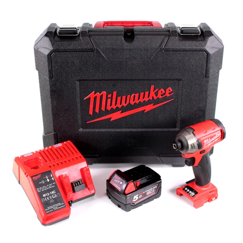 Milwaukee M18 FQID 501C 18 V 1/4" sin escobillas Li-Ion llave de impacto SURGE en maletn de herramientas + 1x batera M18 B5 5.0 Ah + cargador M12-18C