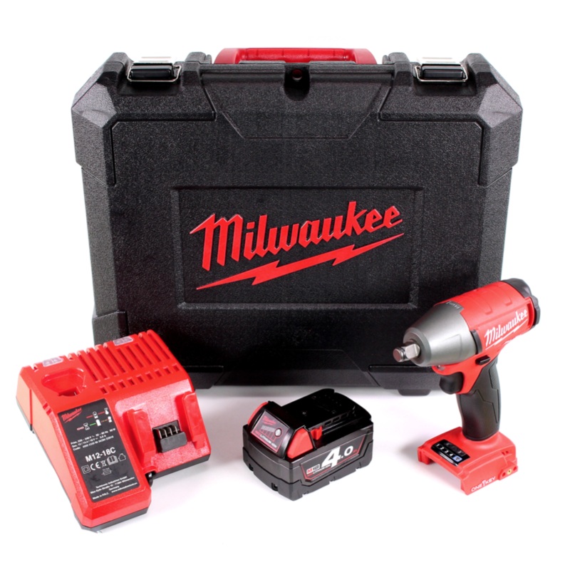Milwaukee M18 ONEIWF12 401C Llave de impacto con batera Li-Ion de 18 V en maletn de herramientas + 1x batera M18 B4 4.0 Ah + cargador M12-18C