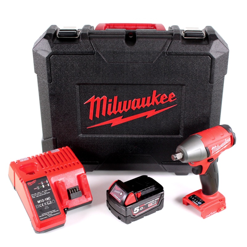 Milwaukee M18 ONEIWF12 501C Llave de impacto con batera Li-Ion de 18 V en maletn de herramientas + 1x batera M18 B5 5.0 Ah + cargador M12-M18C