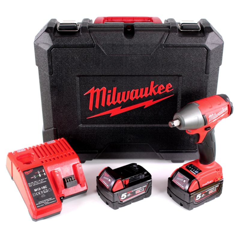 Milwaukee M18 ONEIWF12 502C Llave de impacto con batera de iones de litio de 18 V en maletn de herramientas + 2 bateras M18 B5 de 5,0 Ah + cargador M12-M18C