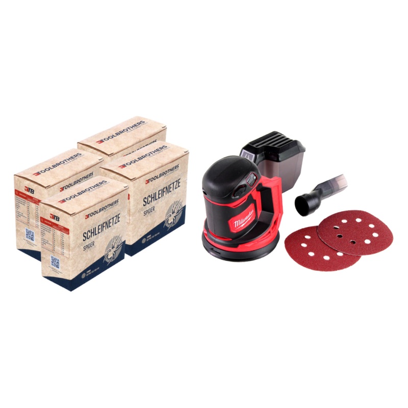 4x Toolbrothers SPIDER conjunto de redes de esmerilado 125 mm + lijadora orbital de batera Milwaukee M18 BOS125-0 18V 125 mm Solo - sin batera, sin cargador