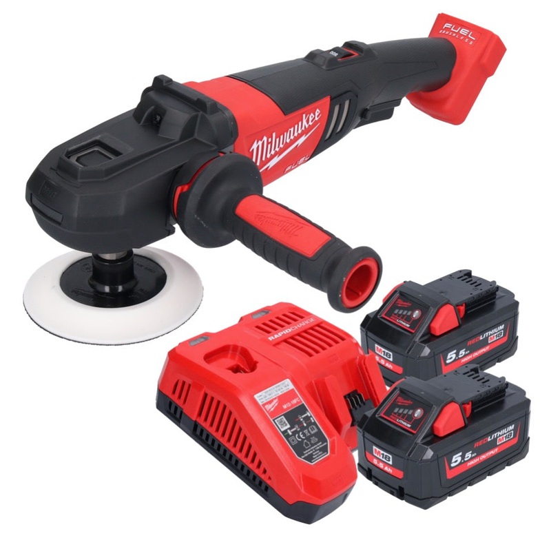 Pulidora a batera Milwaukee M18 FAP180-552 18 V 180 mm sin escobillas + 2x bateras 5,5 Ah + cargador