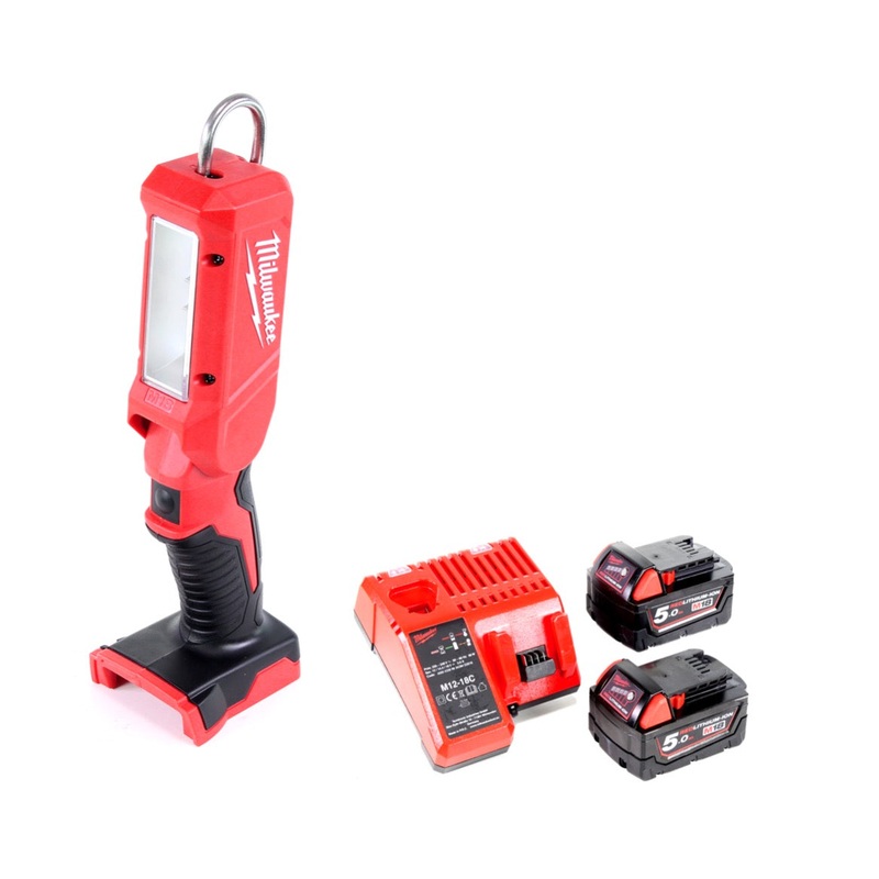 Luz de inspeccin a batera Milwaukee M18 IL-502C con 300 lmenes solo + batera 2x 5.0 Ah + cargador universal
