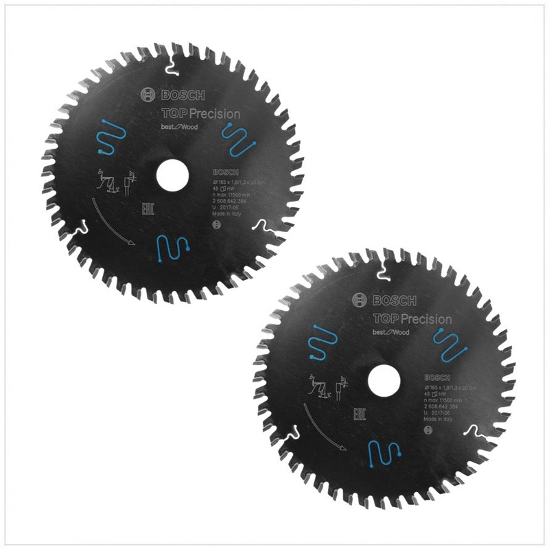 Hoja de sierra circular Bosch Pro Top Precision Best for Wood para serrar madera para sierras circulares de inmersin y manuales, paquete de 2 ( 165 mm) 2608642384