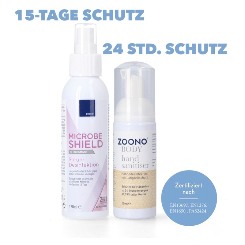 Set de desinfeccin Zoono 1x Z-71 Micobe Shield desinfectante de superficies 120 ml + 1x desinfectante de manos 50 ml (certificado segn PAS 2424 / EN13697 / EN1276 / EN1650)