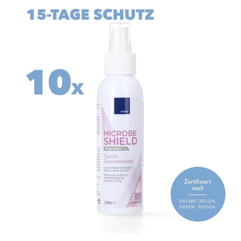 Zoono Z-71 Micobe Shield 10x desinfectante de superficies 120 ml proteccin durante al menos 15 das en superficies contra el 99,99% de todos los grmenes (certificado segn PAS 2424 / EN13697 / EN1276 / EN1650)
