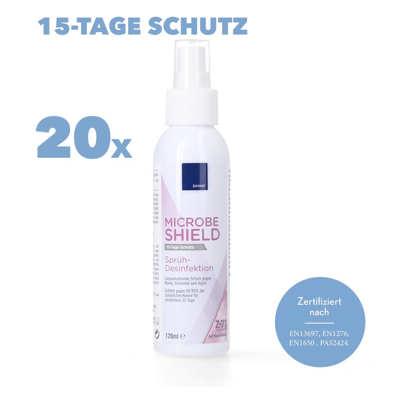 Zoono Z-71 Micobe Shield 20x desinfectante de superficies 120 ml proteccin durante al menos 15 das en superficies contra el 99,99% de todos los grmenes (certificado segn PAS 2424 / EN13697 / EN1276 / EN1650)