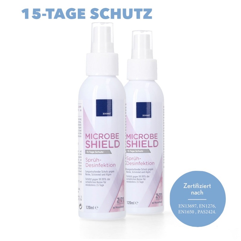 Zoono Z-71 Micobe Shield 2x desinfectante de superficies 120 ml proteccin durante al menos 15 das en superficies contra el 99,99% de todos los grmenes (certificado segn PAS 2424 / EN13697 / EN1276 / EN1650)