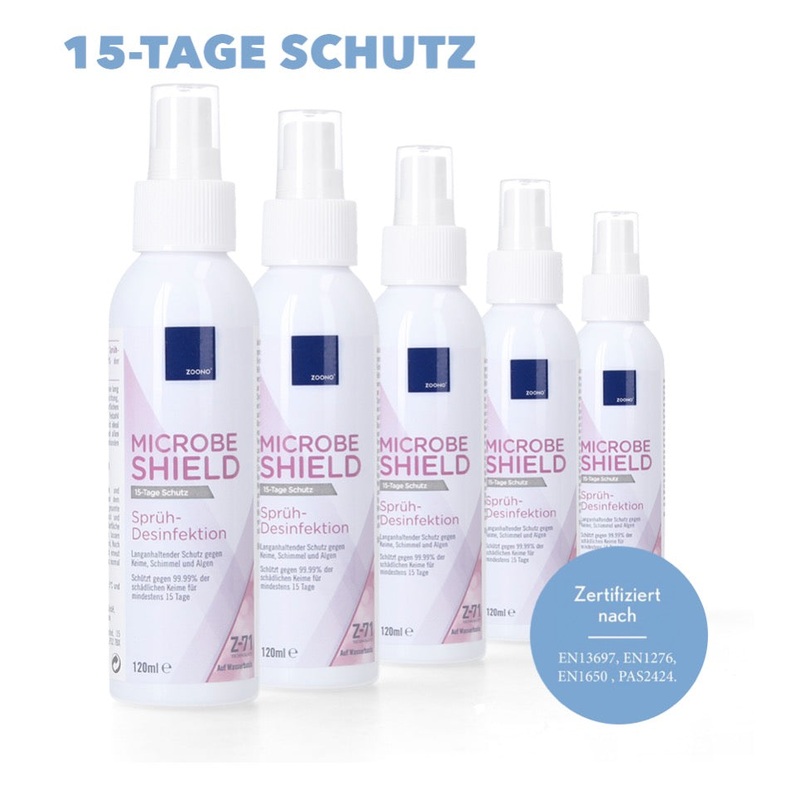 Zoono Z-71 Micobe Shield 5x desinfectante de superficies 120 ml proteccin durante al menos 15 das en superficies contra el 99,99% de todos los grmenes (certificado segn PAS 2424 / EN13697 / EN1276 / EN1650)