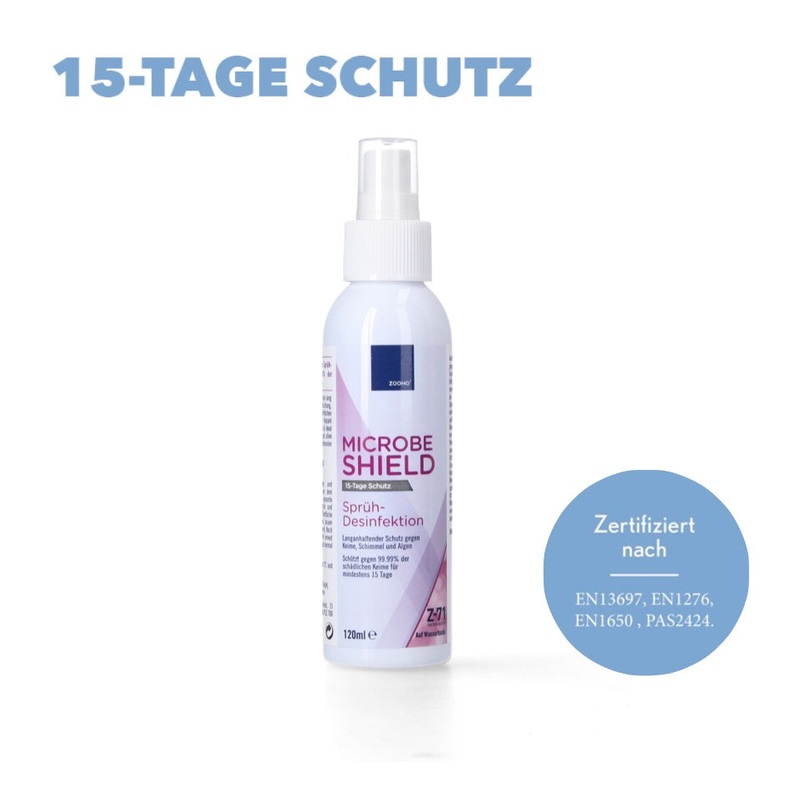 Zoono Z-71 Micobe Shield desinfectante de superficies 120 ml proteccin durante al menos 15 das en superficies contra el 99,99% de todos los grmenes (certificado segn PAS 2424 / EN13697 / EN1276 / EN1650)