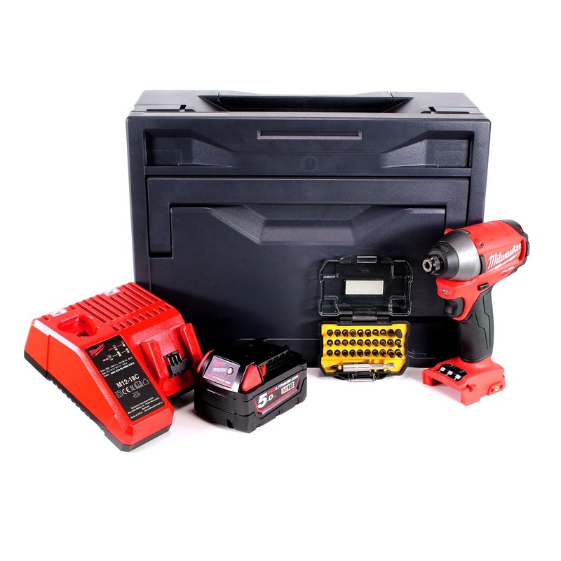 Milwaukee M18 CID-501M llave de impacto inalmbrica 18V 180Nm 1/4" brushless + 1x batera 5.0Ah + cargador + juego de puntas 32 piezas + M-Box