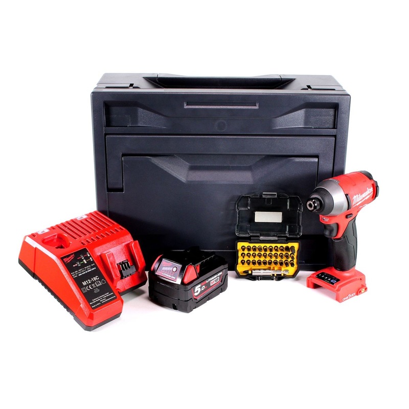 Milwaukee M18 ONEID-501M llave de impacto a batera 18V brushless 1/4" 203Nm + 1x batera 5.0Ah + cargador + M-Box