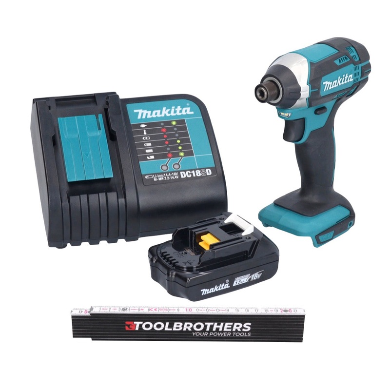 Metro plegable Toolbrothers + llave de impacto a batera DTD 152 SY1 18 V 165 Nm 1/4" + 1x batera 1,5 Ah + cargador