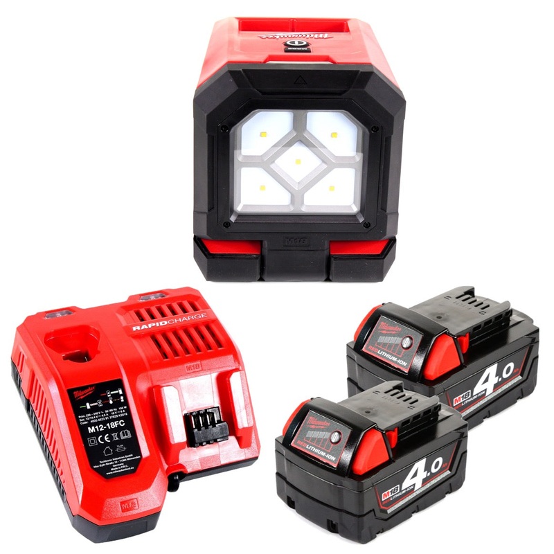 Foco de construccin Milwaukee M18 PAL-402C, lmpara con batera de iones de litio de 18 V + 2 bateras de 4,0 Ah + cargador