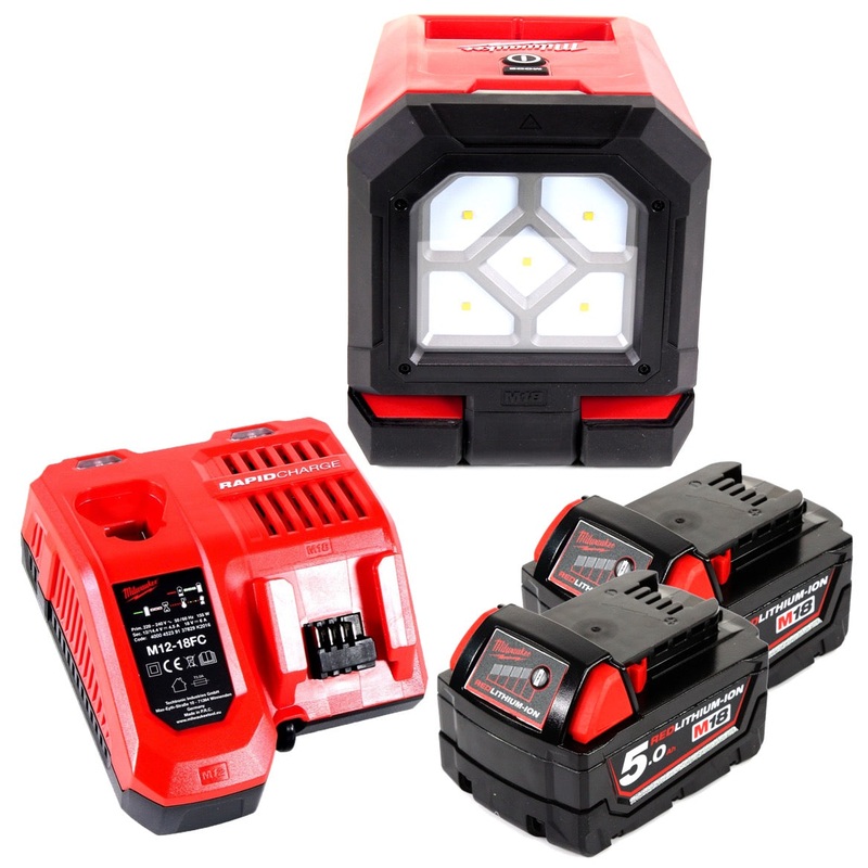 Foco de construccin Milwaukee M18 PAL-502C, lmpara con batera de iones de litio de 18 V + 2 bateras de 5,0 Ah + cargador