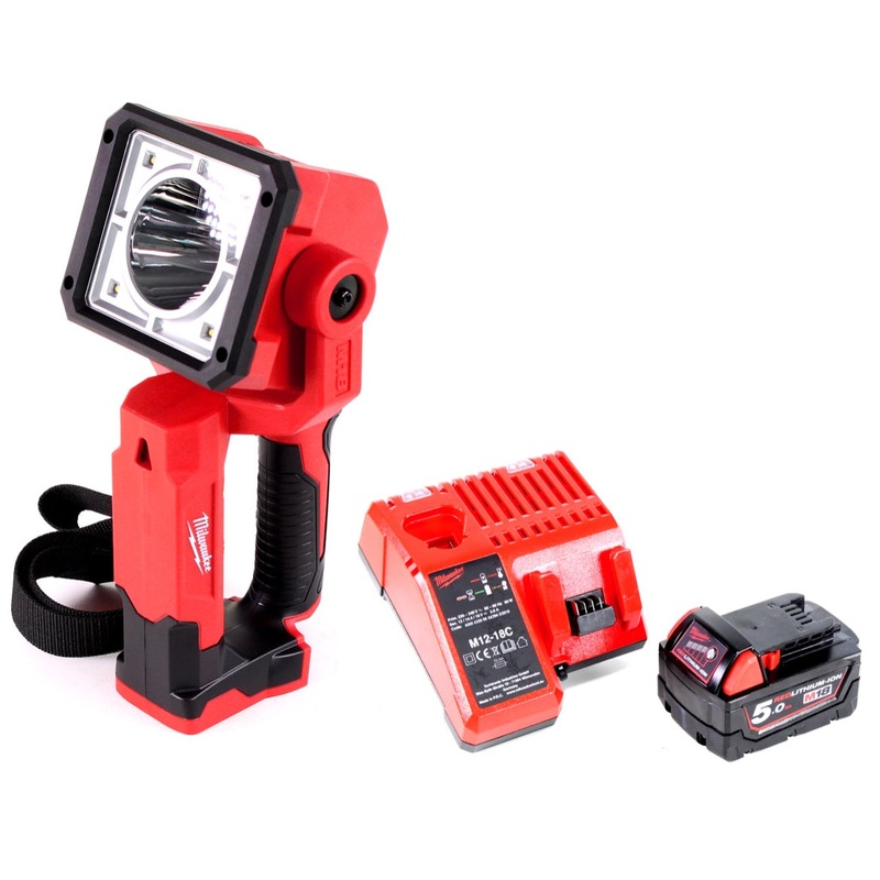 Foco LED de mano Milwaukee M18 SLED-501C con batera de 1250 lmenes + 1x batera de 5,0 Ah + cargador universal