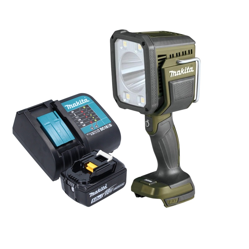 Makita DML 812 ST1 Foco manual a batera 18 V 1250 lm LED verde oliva edicin especial para aventuras al aire libre + 1x batera 5,0 Ah + cargador