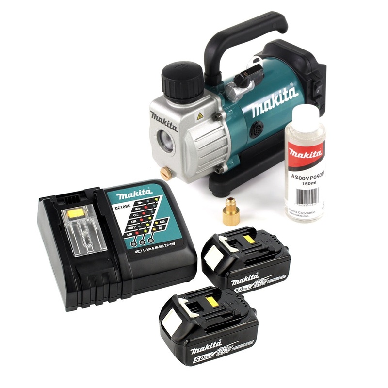 Bomba de vaco de batera Makita DVP 180 RT 18V + batera 2x BL 1850 B 5.0 Ah + cargador DC 18 RC